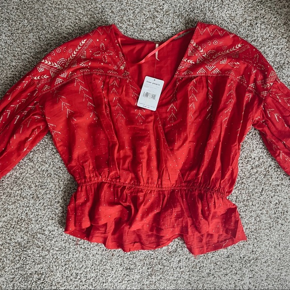 FREE PEOPLE Metallic Bell Sleeves Blouse Caliente Red - Picture 3 of 8